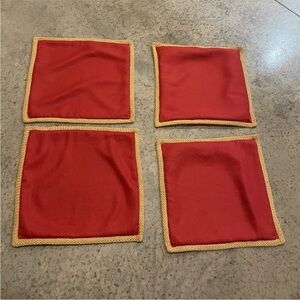 Set Of 4 Pottery Barn Red Linen Jute Braided Trim 20 X 20 Pillow Cover Sham